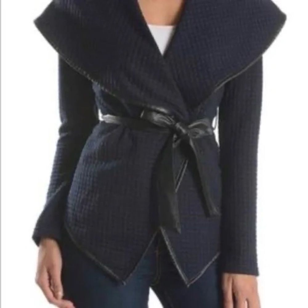 Banjul Black Quilted Belted Asymmetrical Jacket Faux Leather Trim Sz S